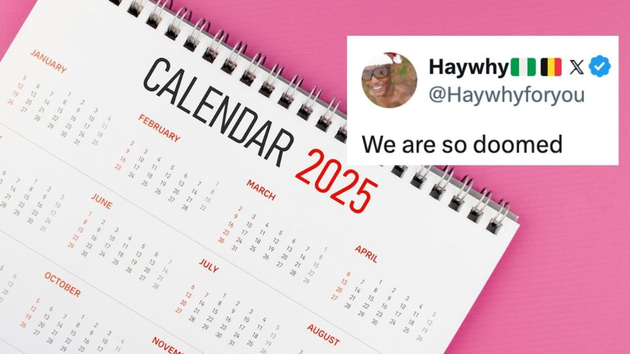 2025 calendar with tweet overlayed reading: "We are so doomed"