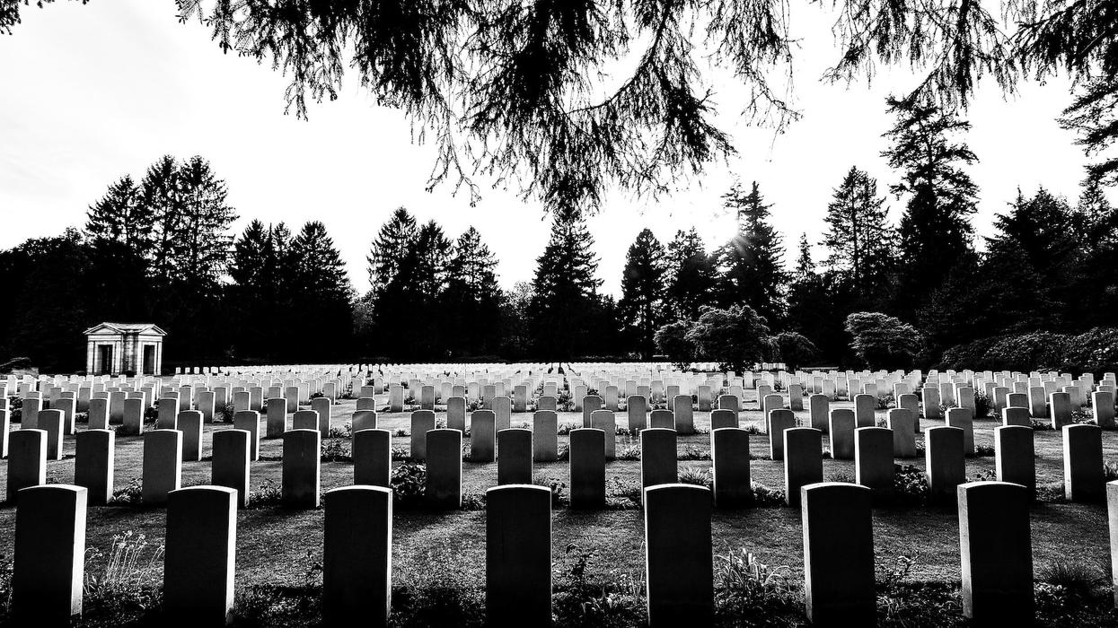 A black and white picture of a cemetery