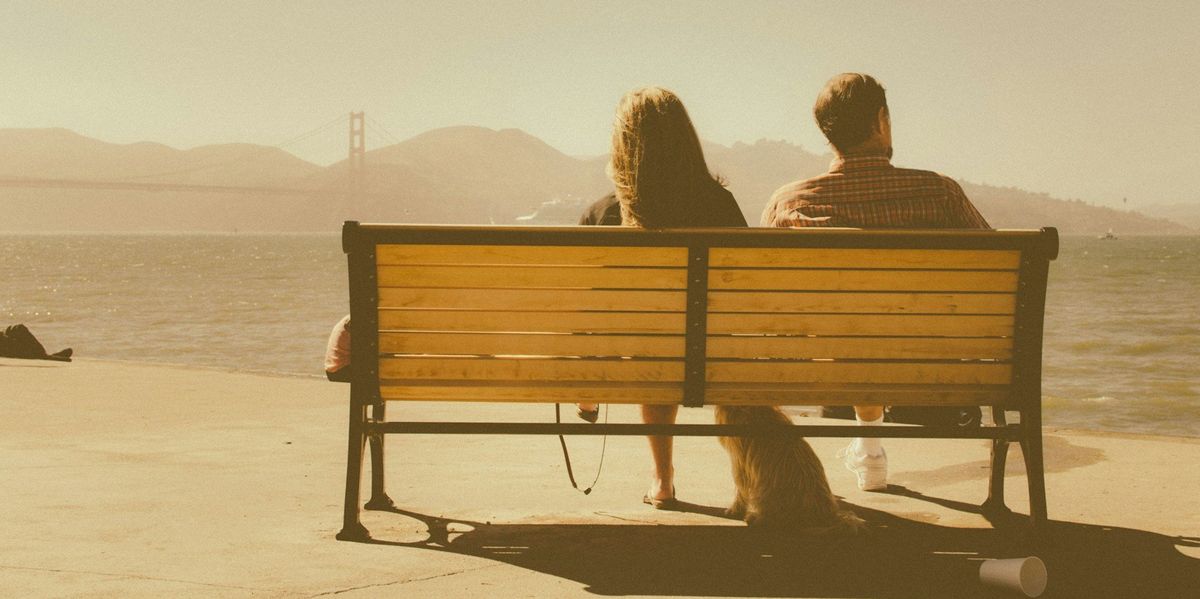 A couple sits on a bench on a sunny day. Their profile is seen from the back.