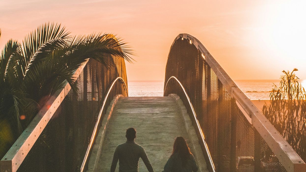 A couple walking their dog towards a sunset beach