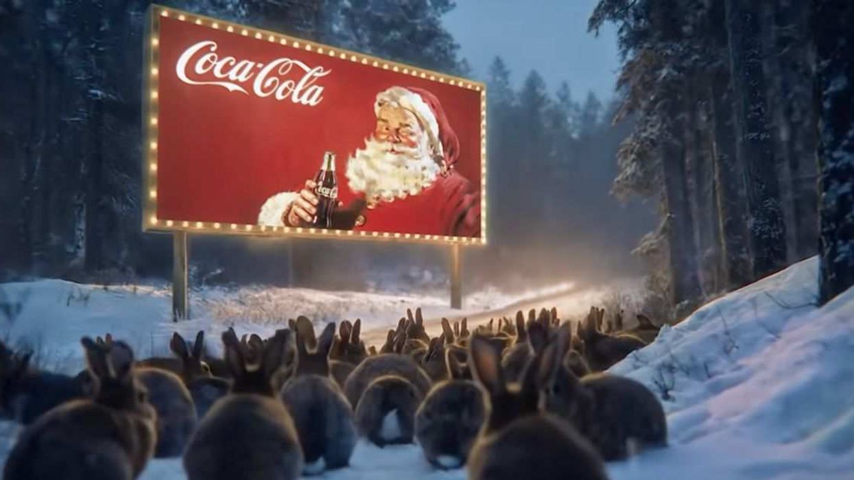 A crowd of animated rabbits gazes at a glowing Coca-Cola Santa billboard in the snowy forest—a digital winter wonderland built entirely by AI.