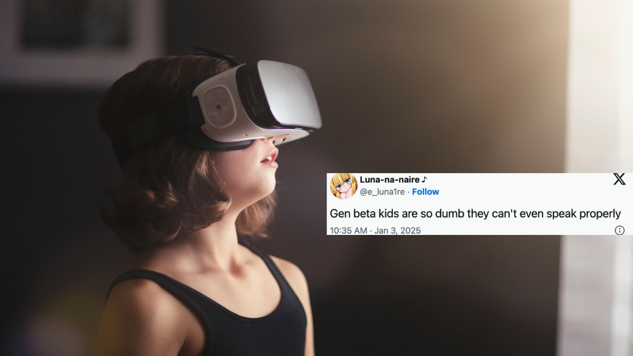 A girl wearing VR goggles with a Tweet overlayed on the front