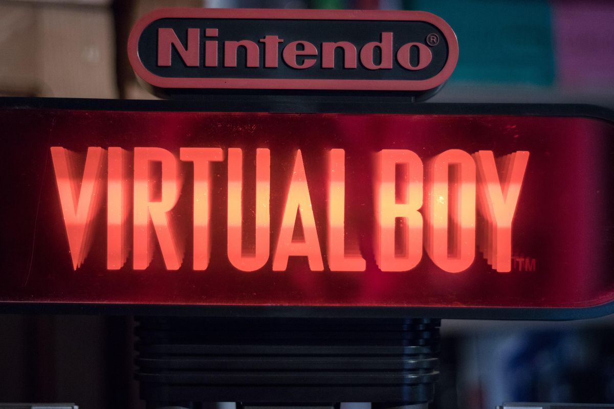 A glowing red sign that says "Nintendo Virtual Boy"