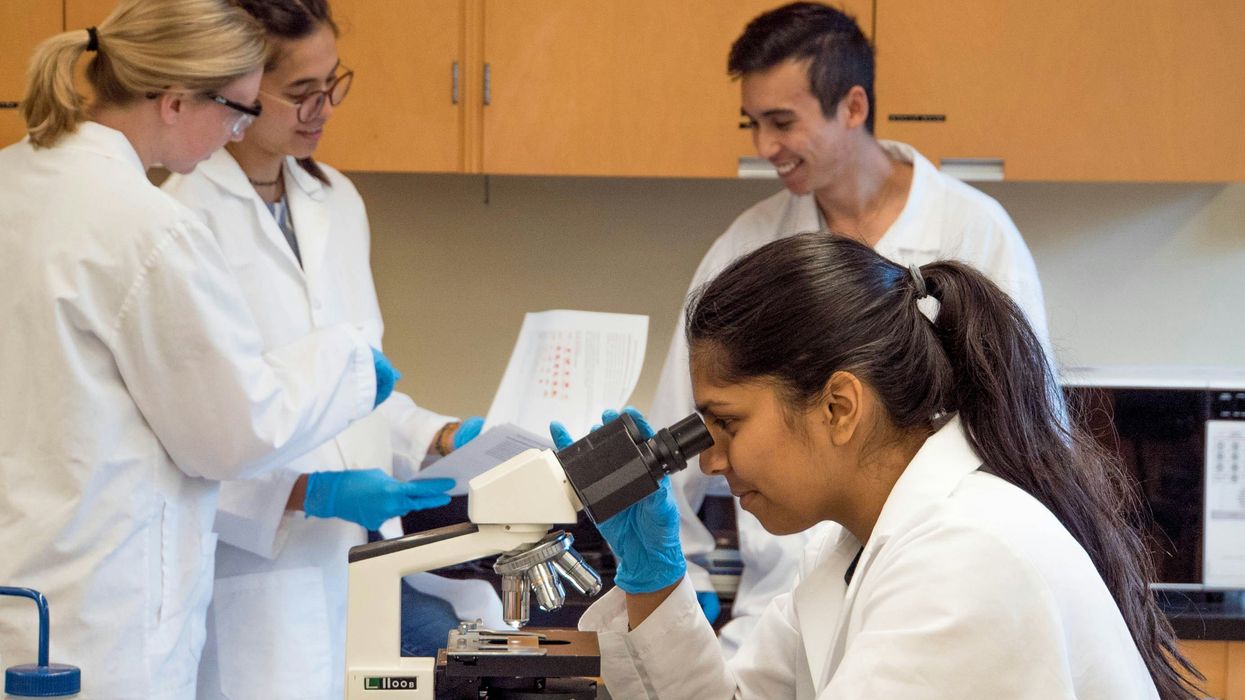 A group of young people in a lab wearing lab coats, with one looking in a microscope.