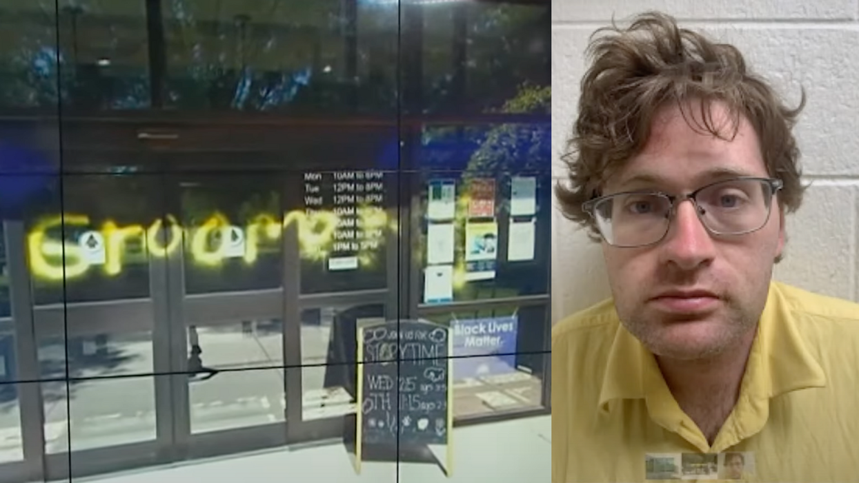 A library with the spray-painted word "groomers" on the entrance; mugshot of Charles Sutherland
