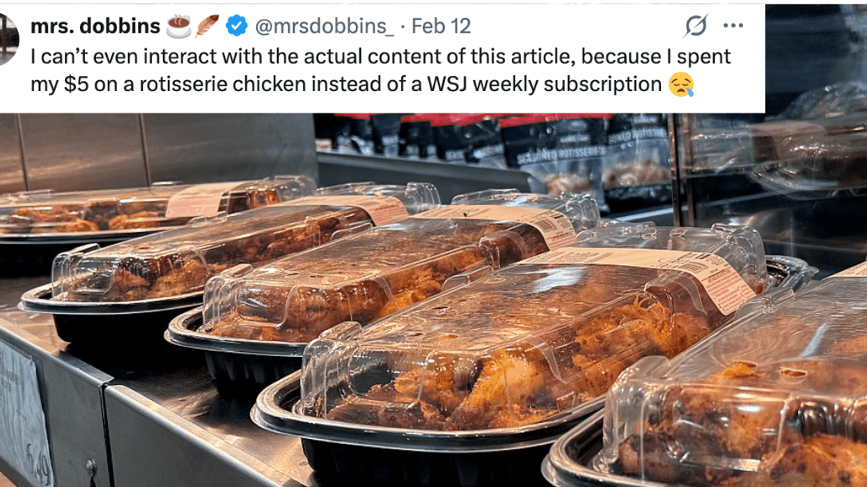 A line of rotisserie chickens with a reaction from X overlayed on top.