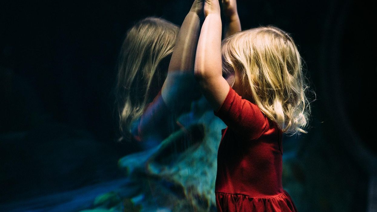 A little girl and her image in a mirror are face to face with different clothes