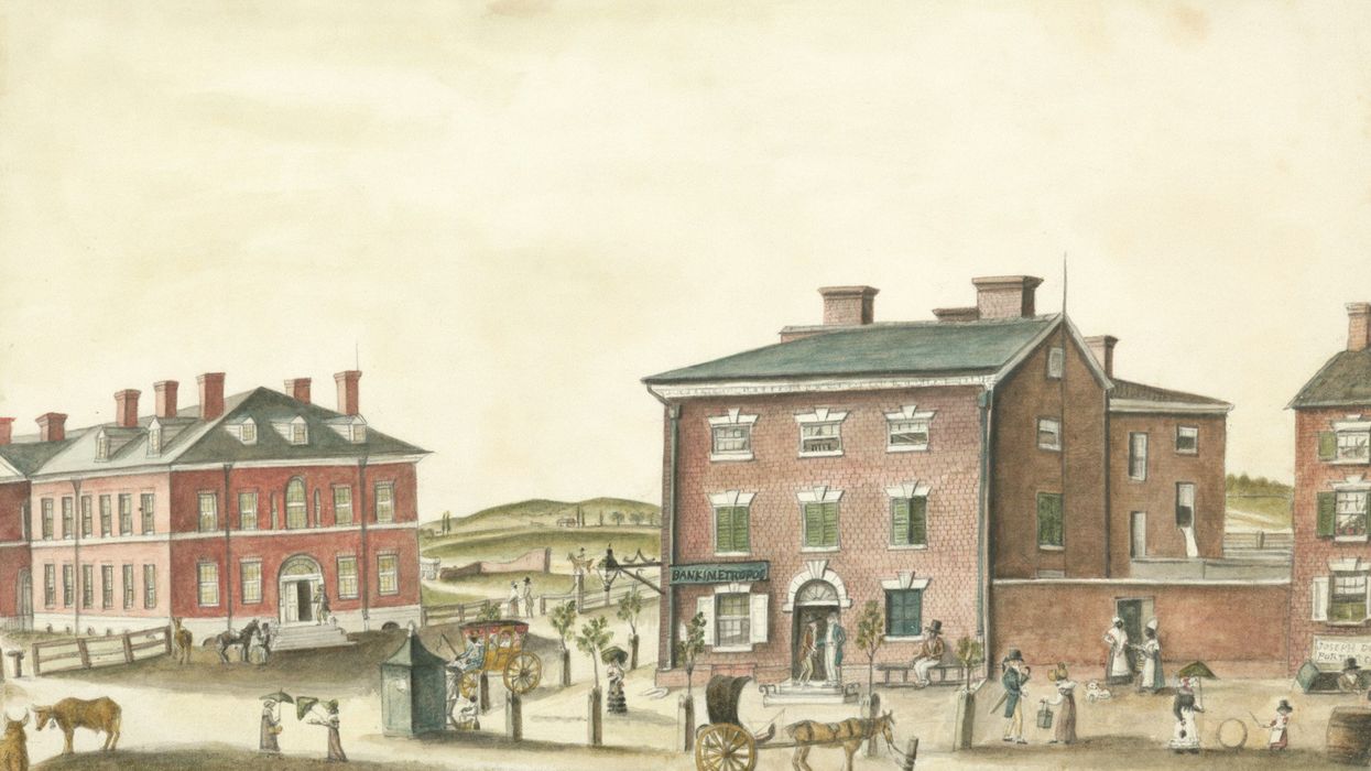 A portrait of an 1800's town with horses and carriages.