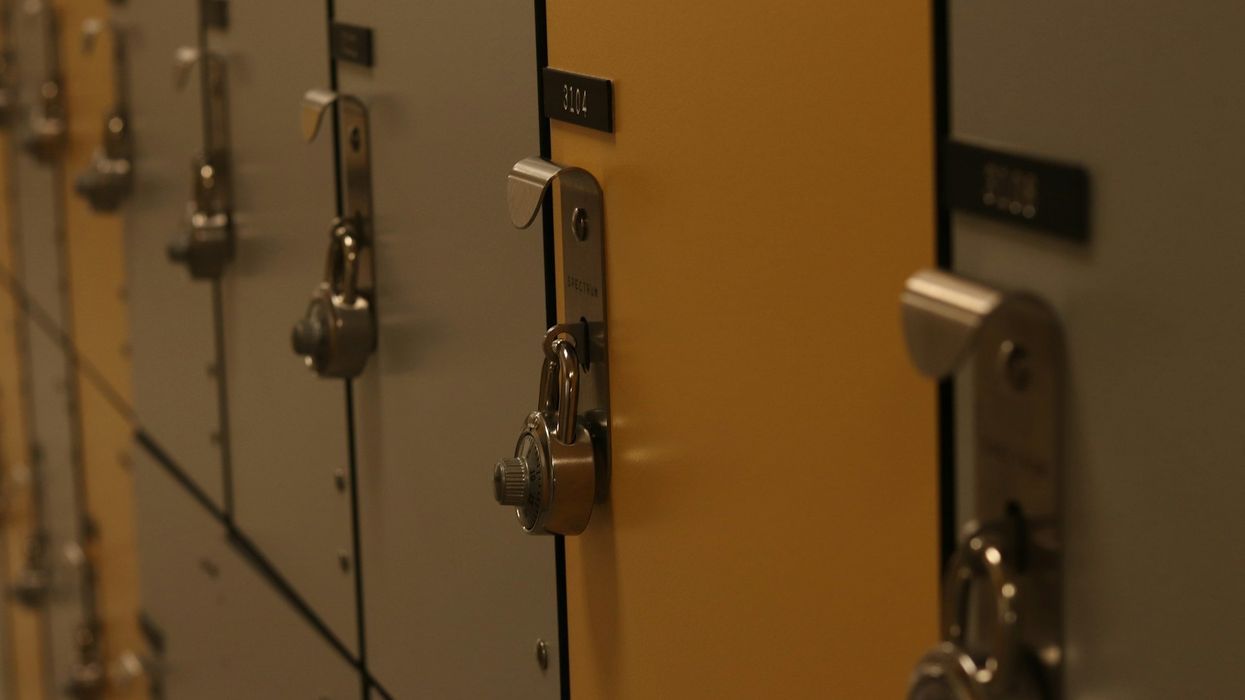 A row of high school lockers and locks.
