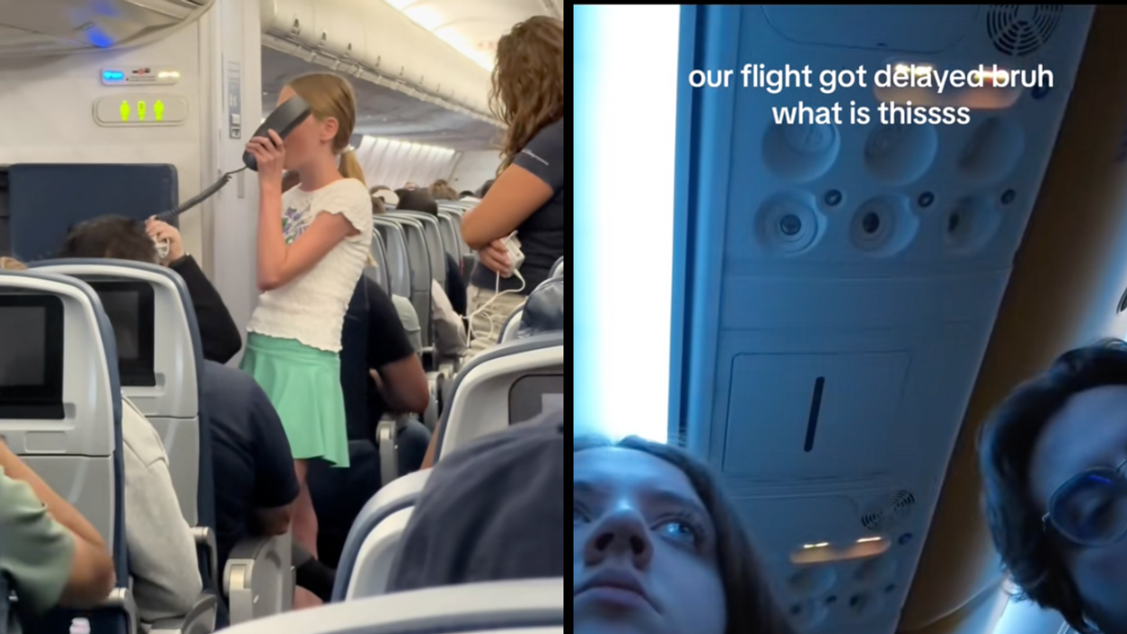 A screenshot of a little girl singing into an intercom on an airplaine/ a screenshot of two people with confused expressions and text reading "Our flight. got delayed bruh what is thisss.