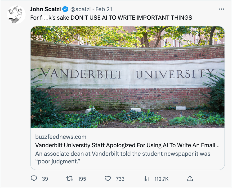 A screenshot of a tweet from John Scalzi "For f**k's sake DON'T USE AI TO WRITE IMPORTANT THINGS"