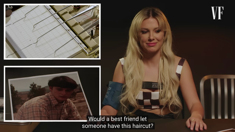 A screenshot of a YouTube video with actress Millie Bobby Brown smirking. Overlaid are a shot of the polygraph machine Brown is hooked up to, and a photo of actor Noah Schnapp with a bowl cut-style hair cut.