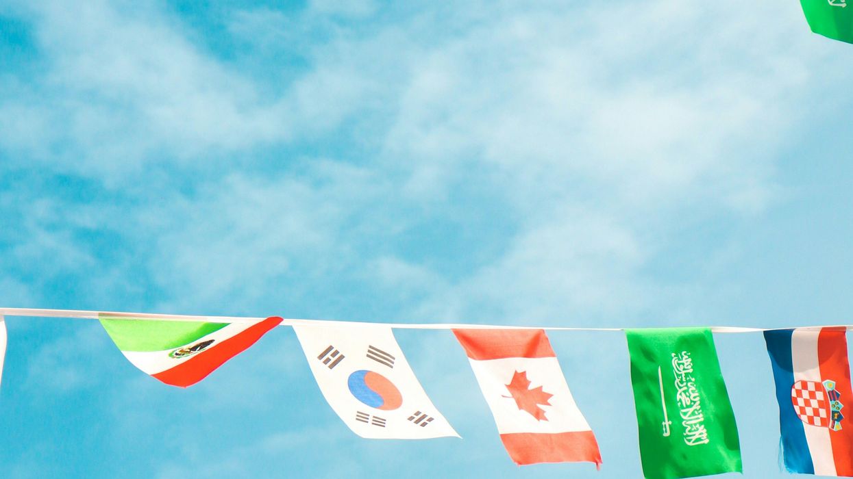 A series of world flags hanging on a line.