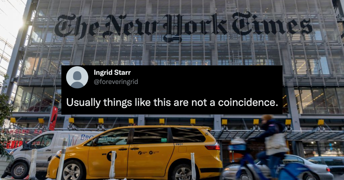 A shot of the front of the New York Times building in New York City; Twitter screenshot of a reaction from @foreveringrid