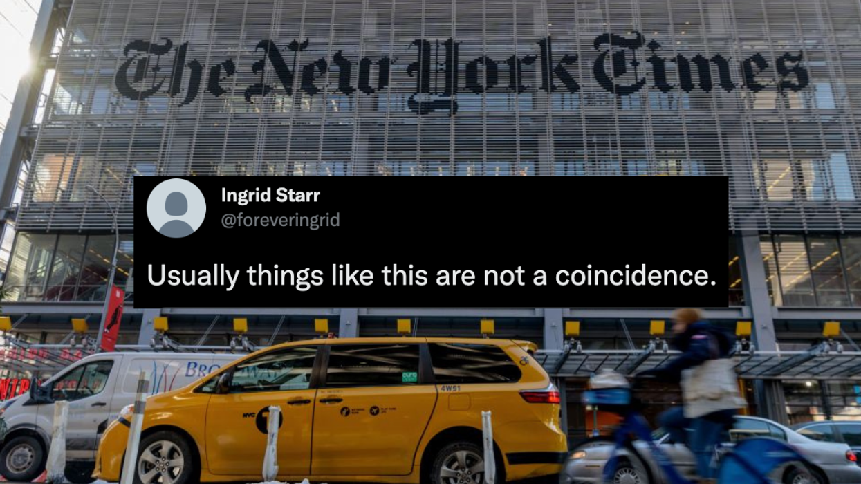 A shot of the front of the New York Times building in New York City; Twitter screenshot of a reaction from @foreveringrid
