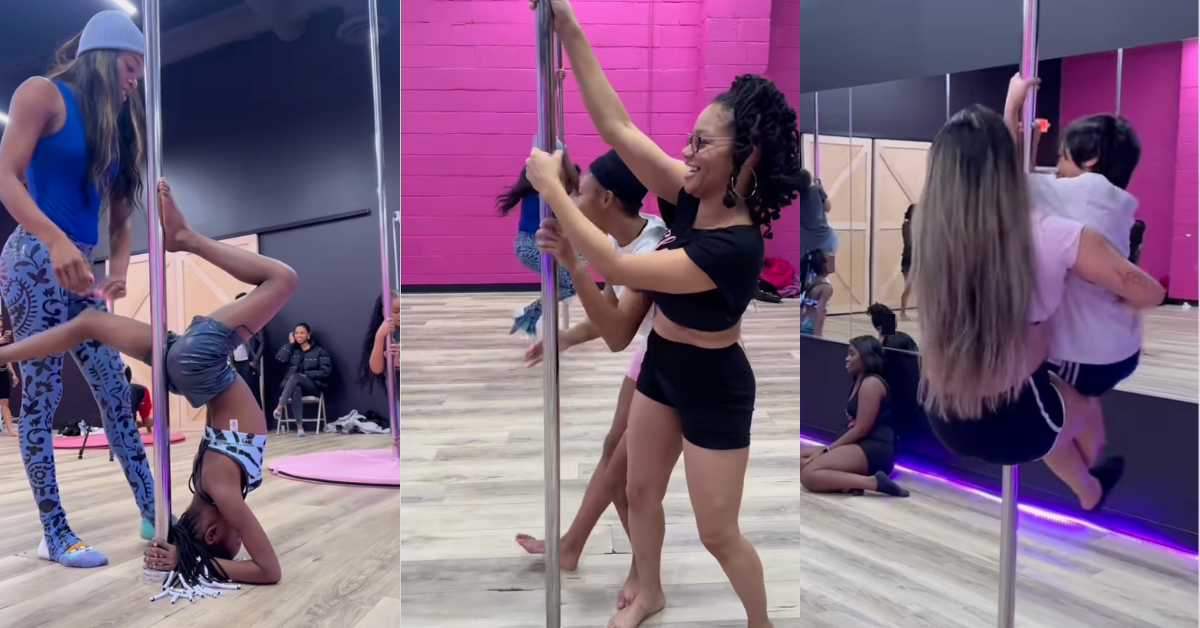 A split image consisting of 3 images of mothers and their children learning pole dancing together.