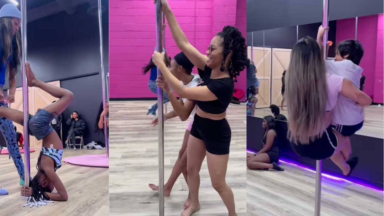 A split image consisting of 3 images of mothers and their children learning pole dancing together.