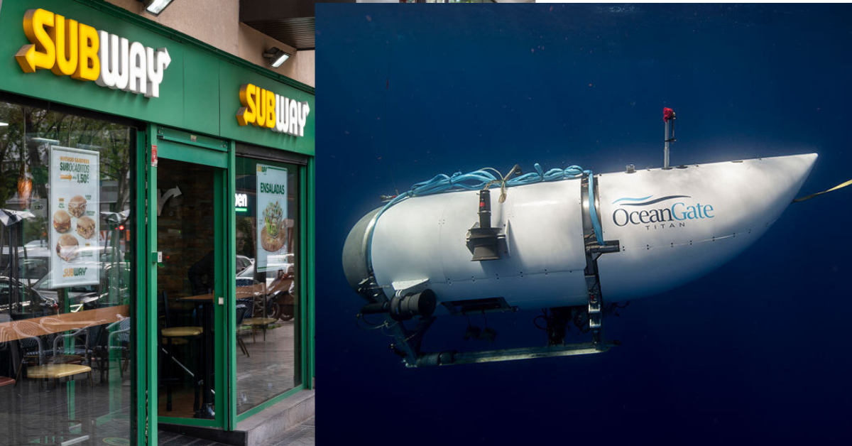 A split image of a Subway restaurant entrance on the left and the Titan submersible on the right.