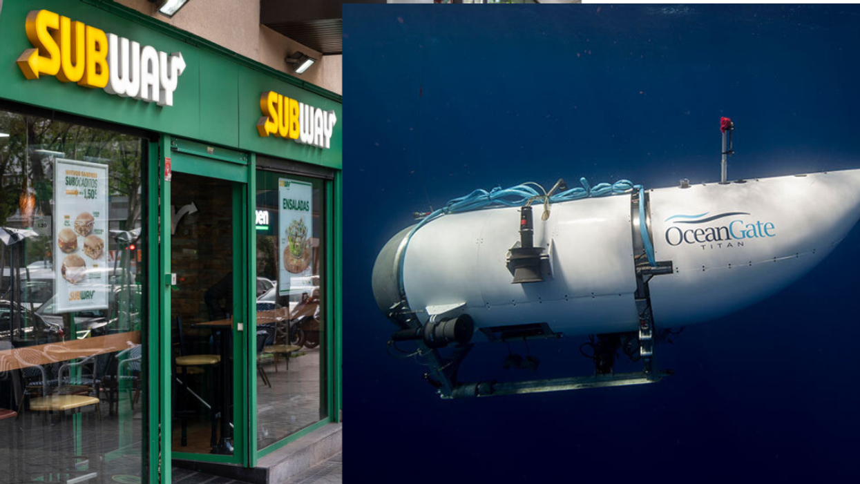 A split image of a Subway restaurant entrance on the left and the Titan submersible on the right.