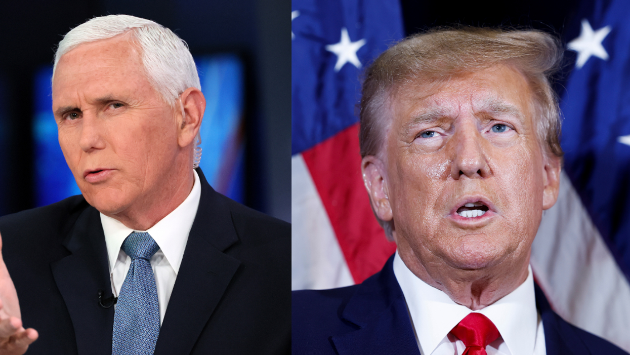 A split image shows Mike Pence on the left with a questioning expression and Donald Trump in the middle of speaking on the right.