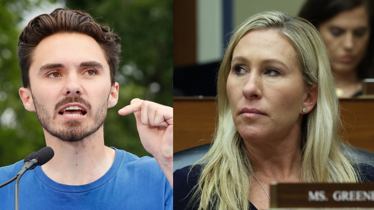 A split image with David Hogg on the left and Marjorie Taylor Greene on the tight