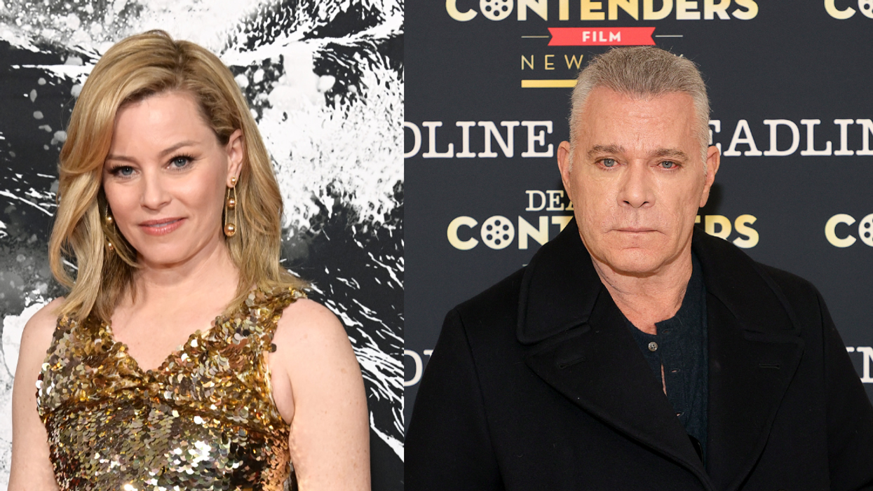 A split image with Elizabeth Banks in a gold sequined dress on the left and Ray Liotta in a black pea coat on the right