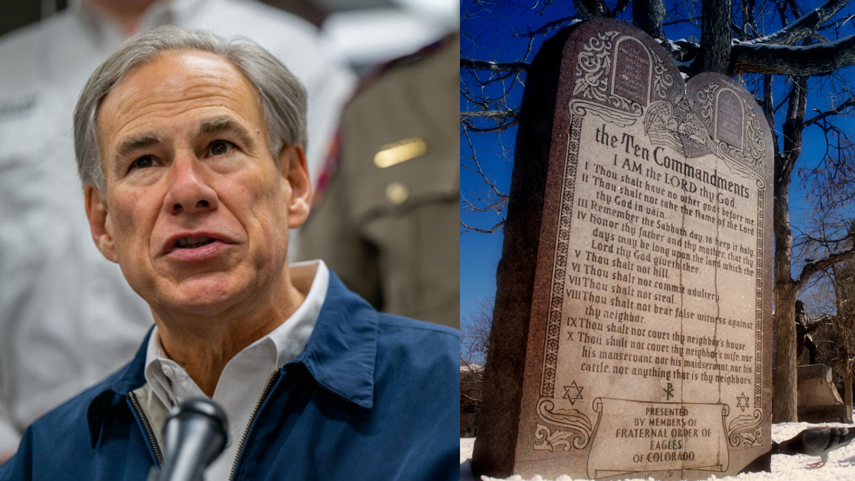 A split image with Texas Governor Greg Abbott on the left and a monument displaying the Ten Commandments on the right.