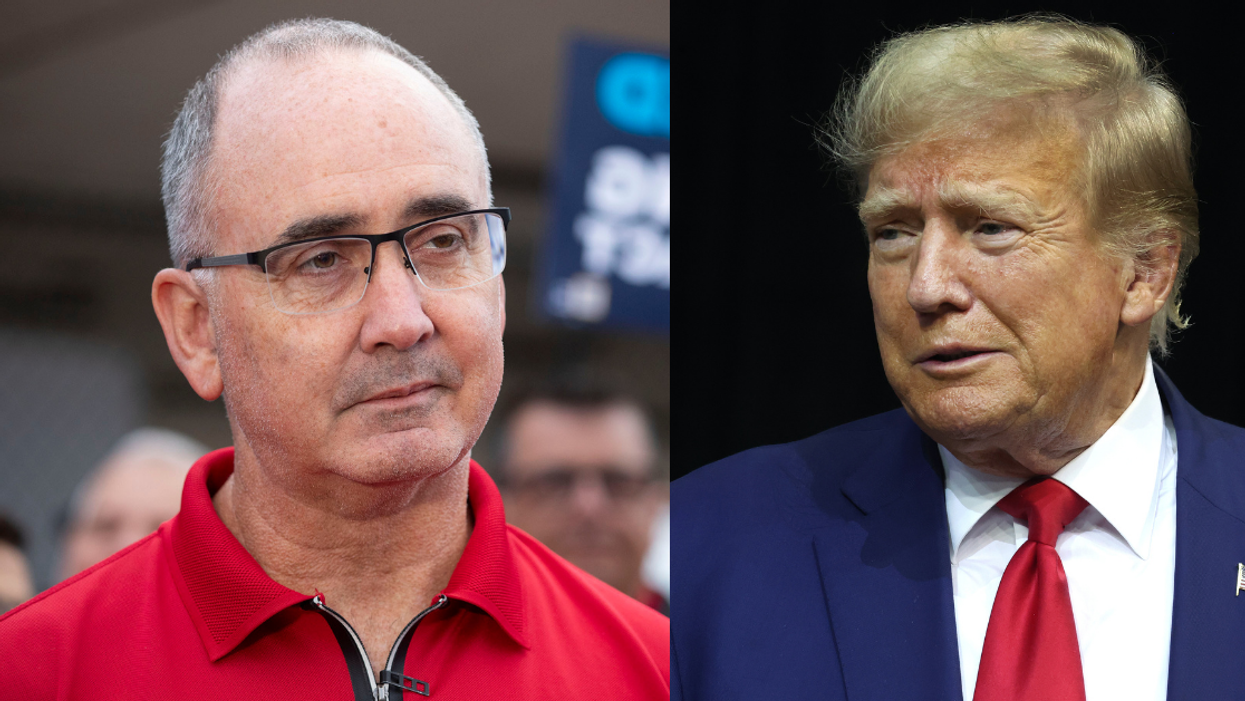 A split image with UAW President Shawn Fain on the left and former President Donald Trump on the right.