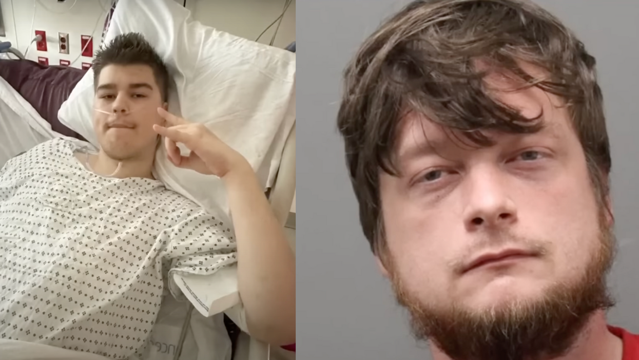 A split image with YouTuber Tanner Cook on the left and a mugshot of Alan Colie on the right.