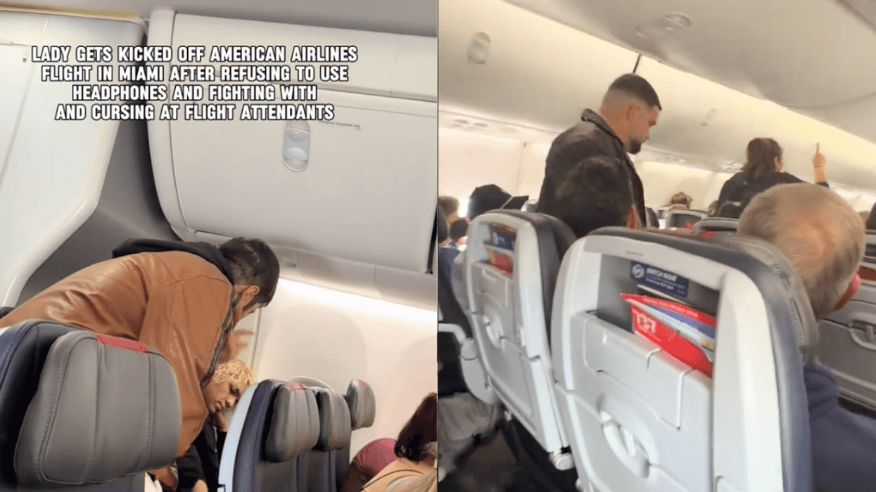A split screen of a man confronting a woman on an airplane, and the same woman being escorted off by security