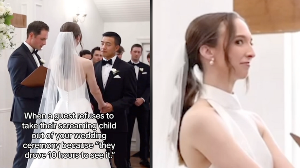 A split screen of a wedding ceremony with a text overlay, and the bride giving "side eye."