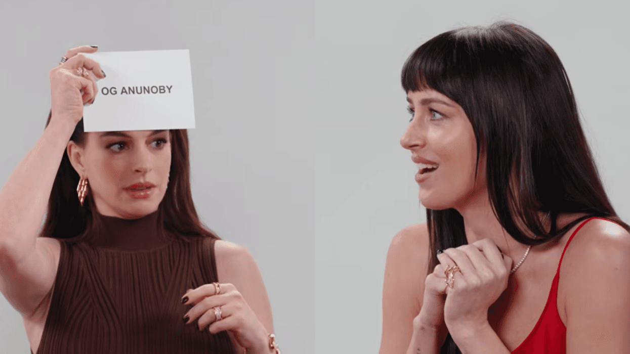 A split screen of Anne Hathaway holding a card with OG Anunoby's name on it to her forehead and Dakota Johnson looking on with a shocked expression on her face.