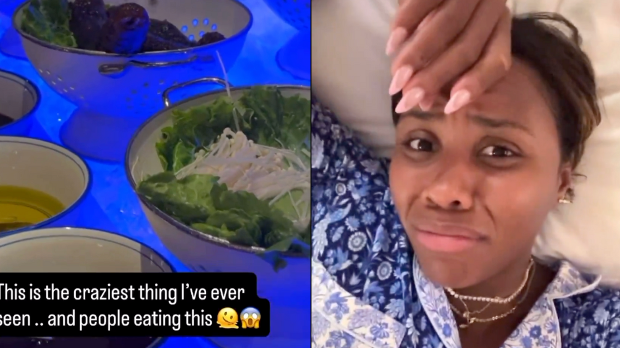 A split screen of Chinese food with a text overlay and Taylor Townsend with an unsettled look on her face