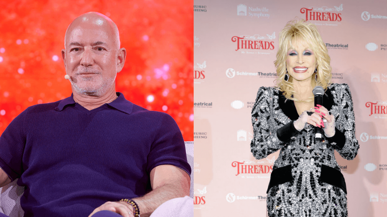 A split screen of Jeff Bezos on stage at a panel and Dolly Parton on a red carpet.