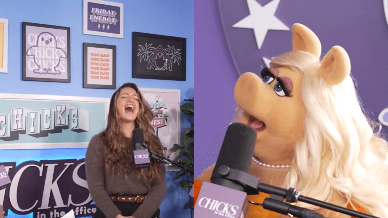 A split screen of one of the hosts of Chicks in the Office; Miss Piggy Talking into a microphone.