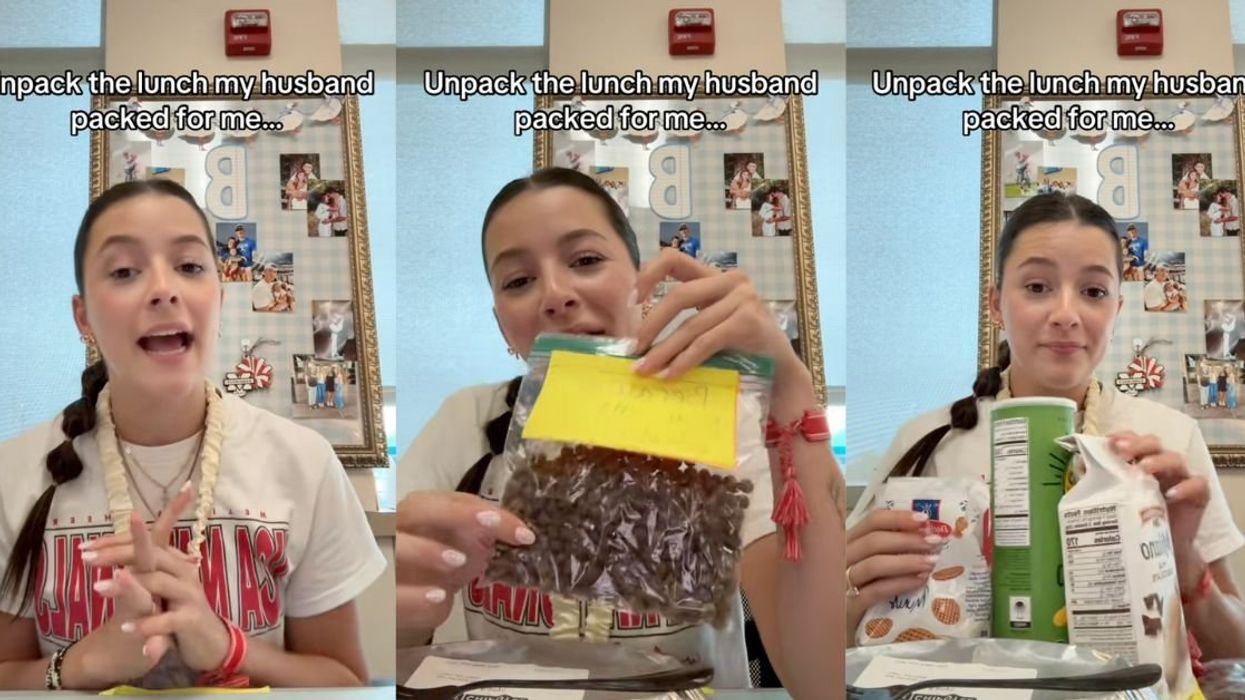 A TikToker’s “husband-packed lunch” of cookies, stale snacks, leftovers, and dog food has gone viral.