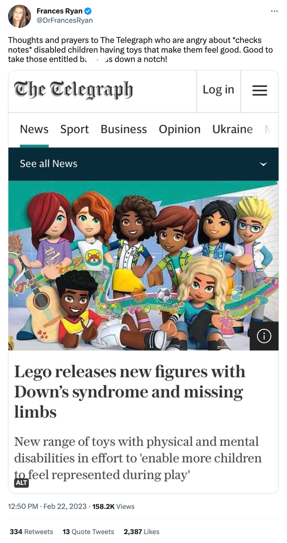 A tweet from @DrFrancesRyan with a screenshot showing an article from The Telegraph and the sarcastic caption "Thoughts and prayers to The Telegraph who are angry about *checks notes* disabled children having toys that make them feel good. Good to take those entitled b******s down a notch!"