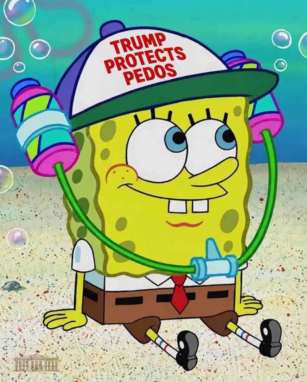 A version of the Spongebob post commenting on Trump protecting pedophiles