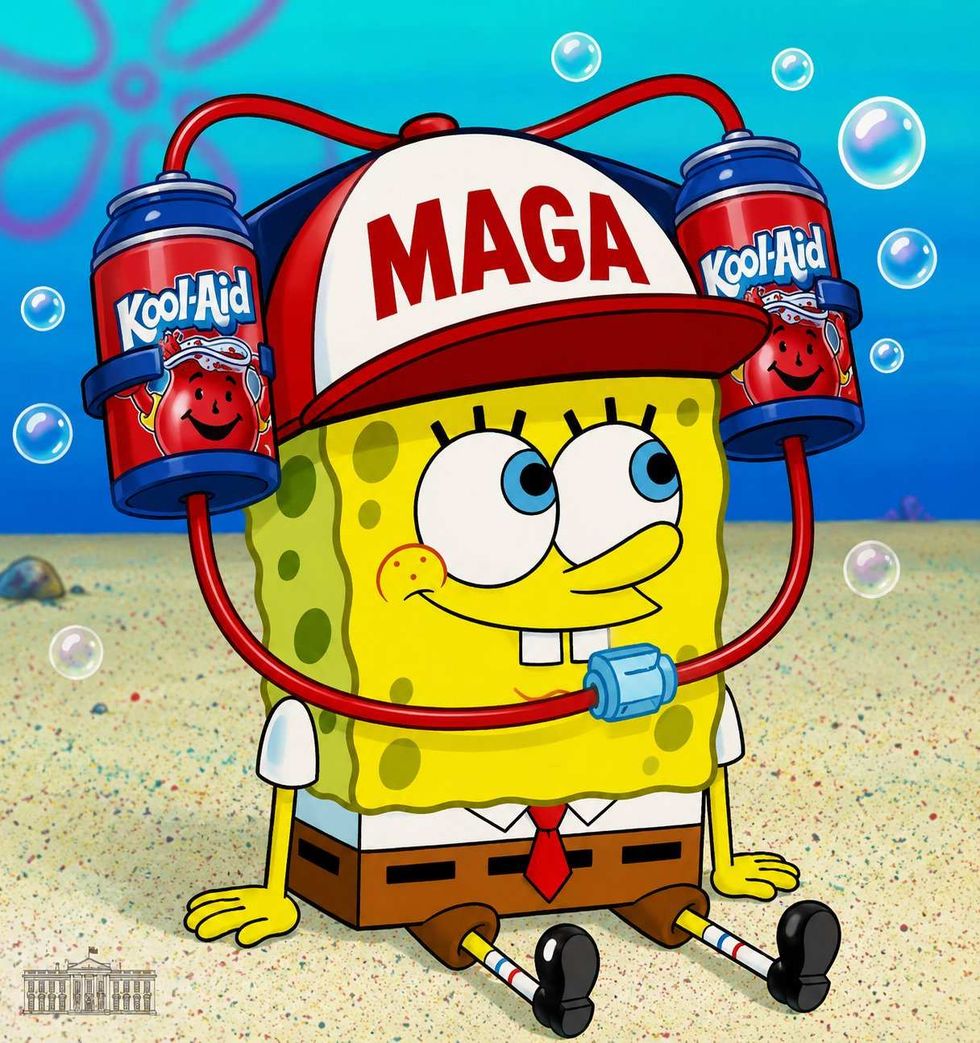 A version of the Spongebob post featuring Spongebob drinking MAGA Kool-Aid