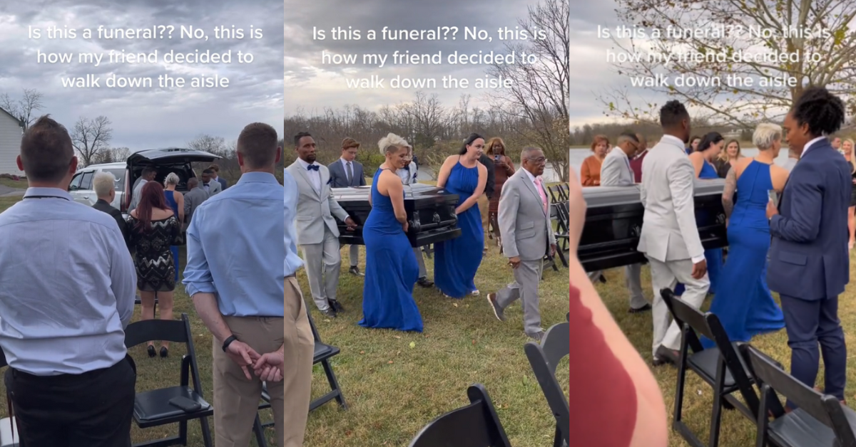 A wedding day to remember that began with a casket being carried in
