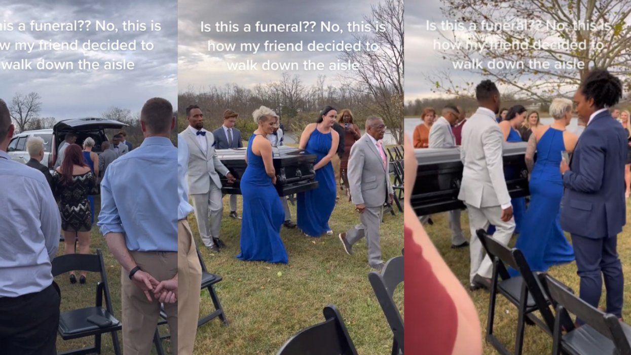 A wedding day to remember that began with a casket being carried in