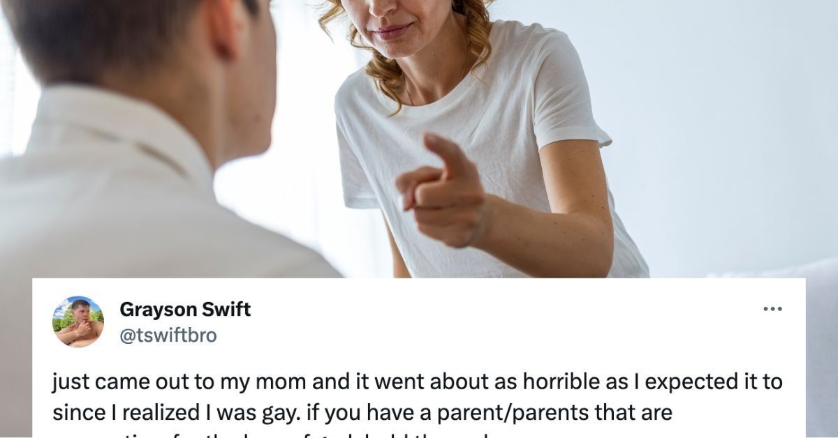 A woman scolding a young man with an overlaid tweet from X user @tswiftbro