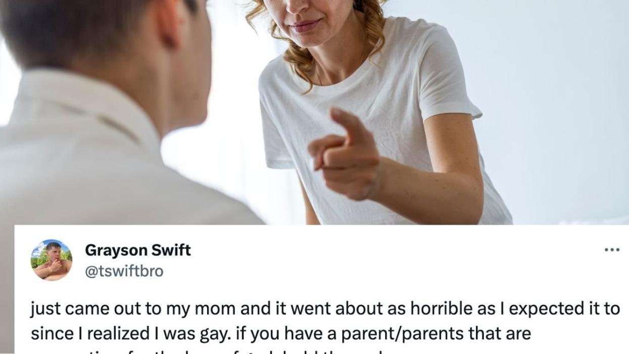 A woman scolding a young man with an overlaid tweet from X user @tswiftbro
