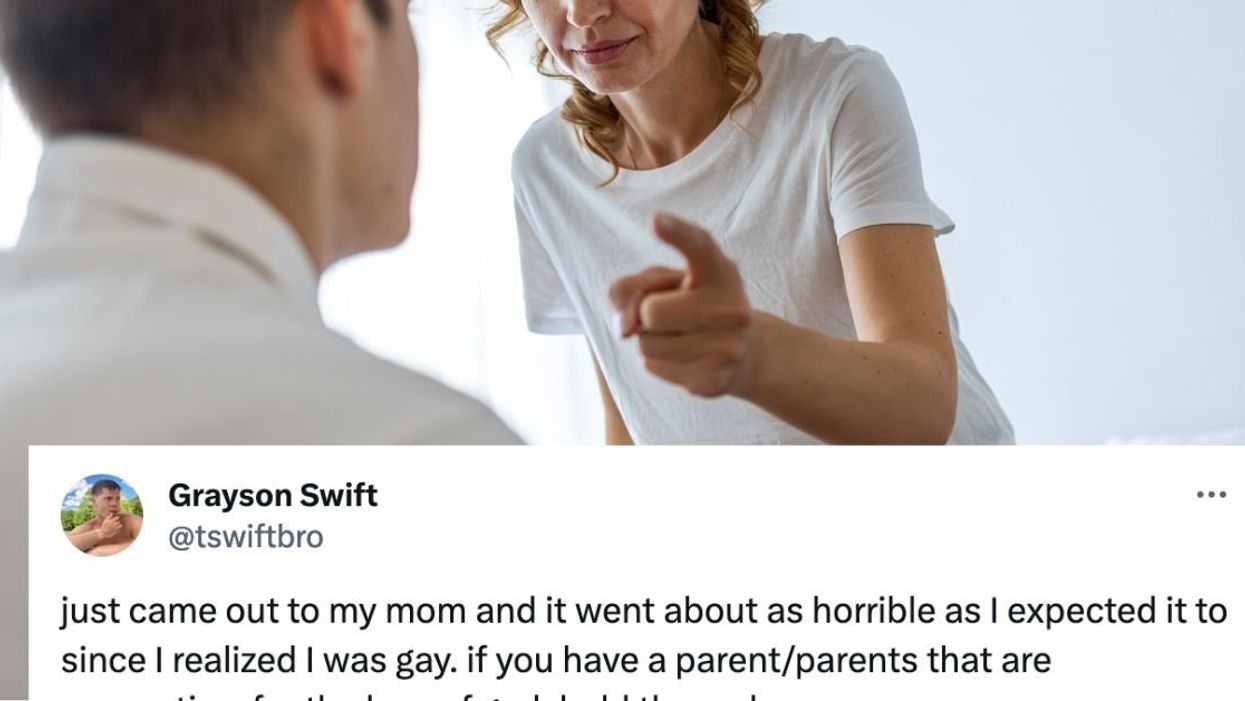 A woman scolding a young man with an overlaid tweet from X user @tswiftbro