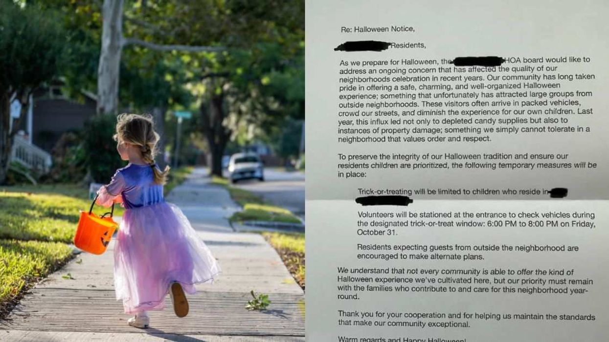A young child heads out for Halloween fun (left); HOA’s viral letter (right)