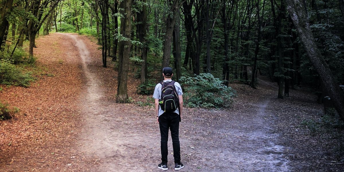 A young man stands at a crossroads in the woods