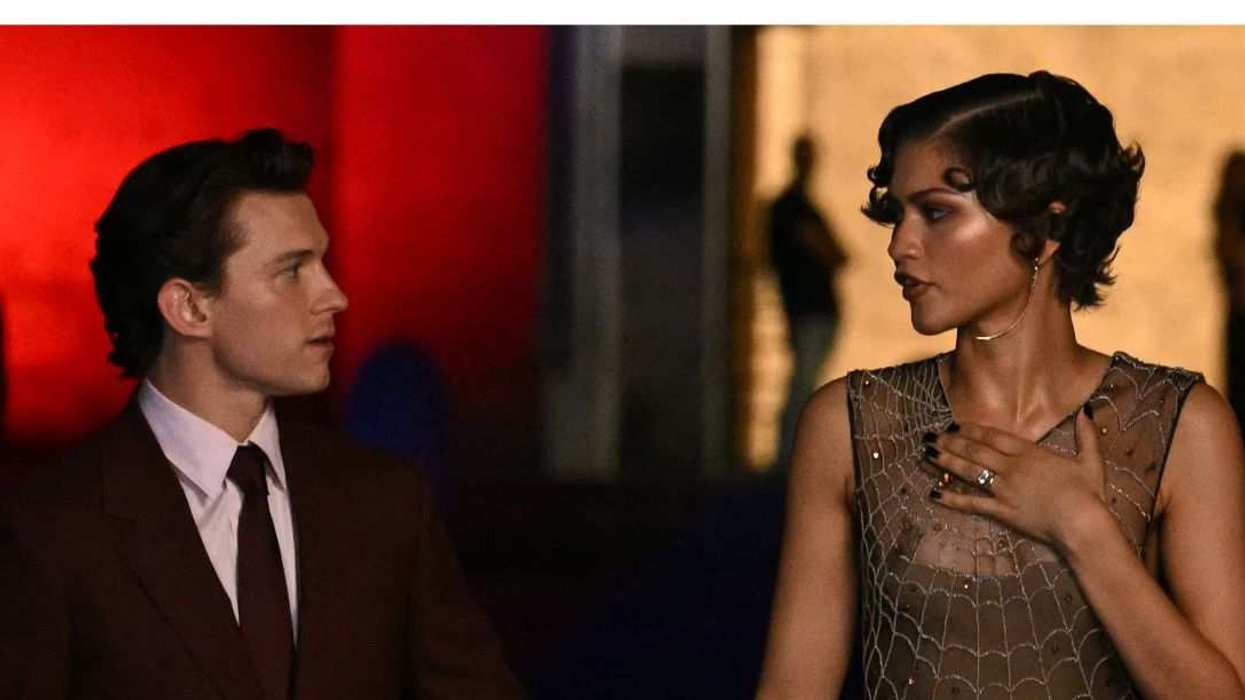 Actors Zendaya and Tom Holland pose during a red carpet event for the film "Spider-Man: Brand New Day."