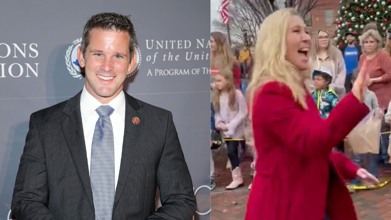 Adam Kinzinger; screenshot of Marjorie Taylor Greene at Georgia Christmas Parade