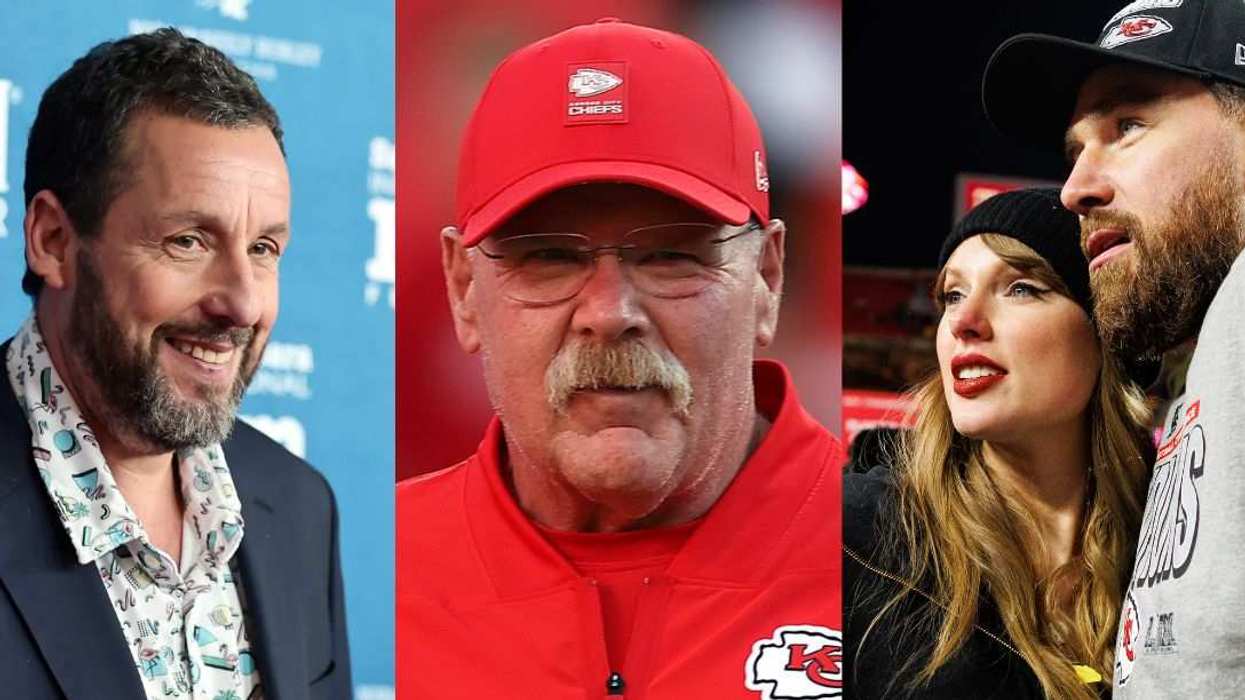 Adam Sandler (left), Andy Reid (middle), and Travis Kelce with Taylor Swift (right) were all part of the couple's wedding weekend.