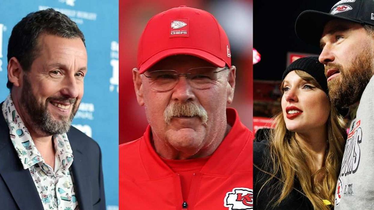 Adam Sandler (left), Andy Reid (middle), and Travis Kelce with Taylor Swift (right) were all part of the couple's wedding weekend.